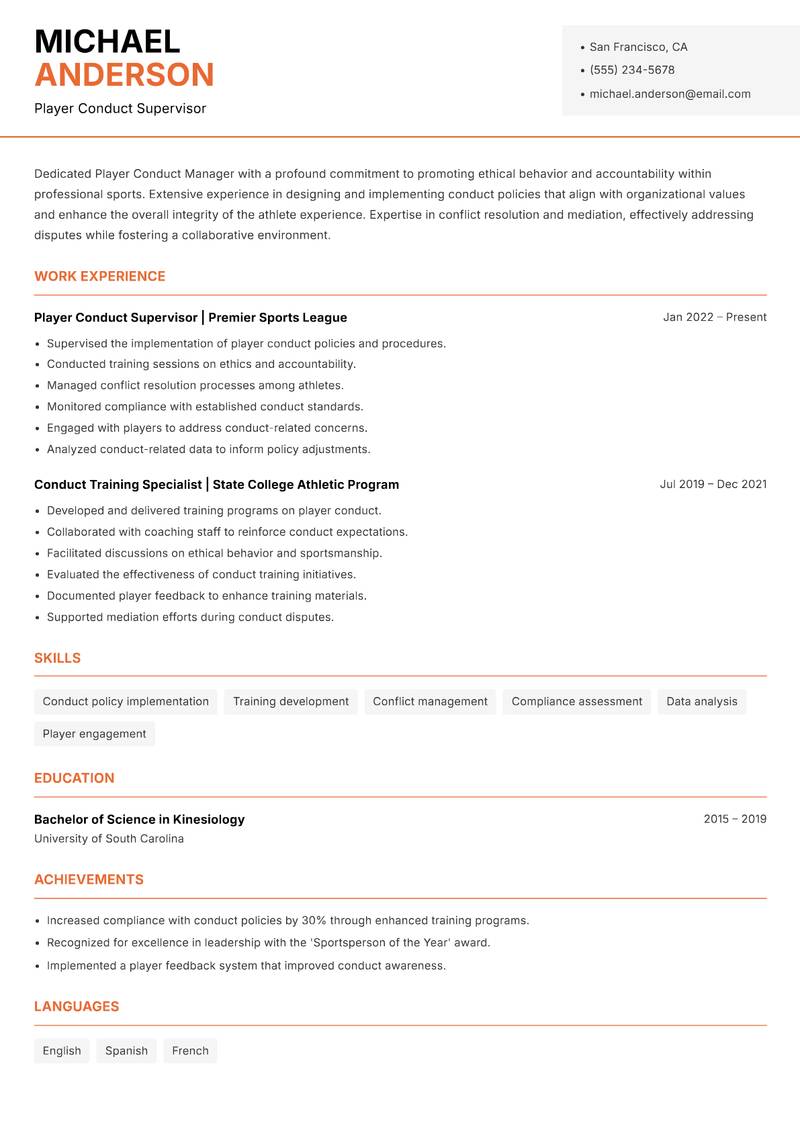 Player Conduct Manager resume sample — Player Conduct Supervisor focus