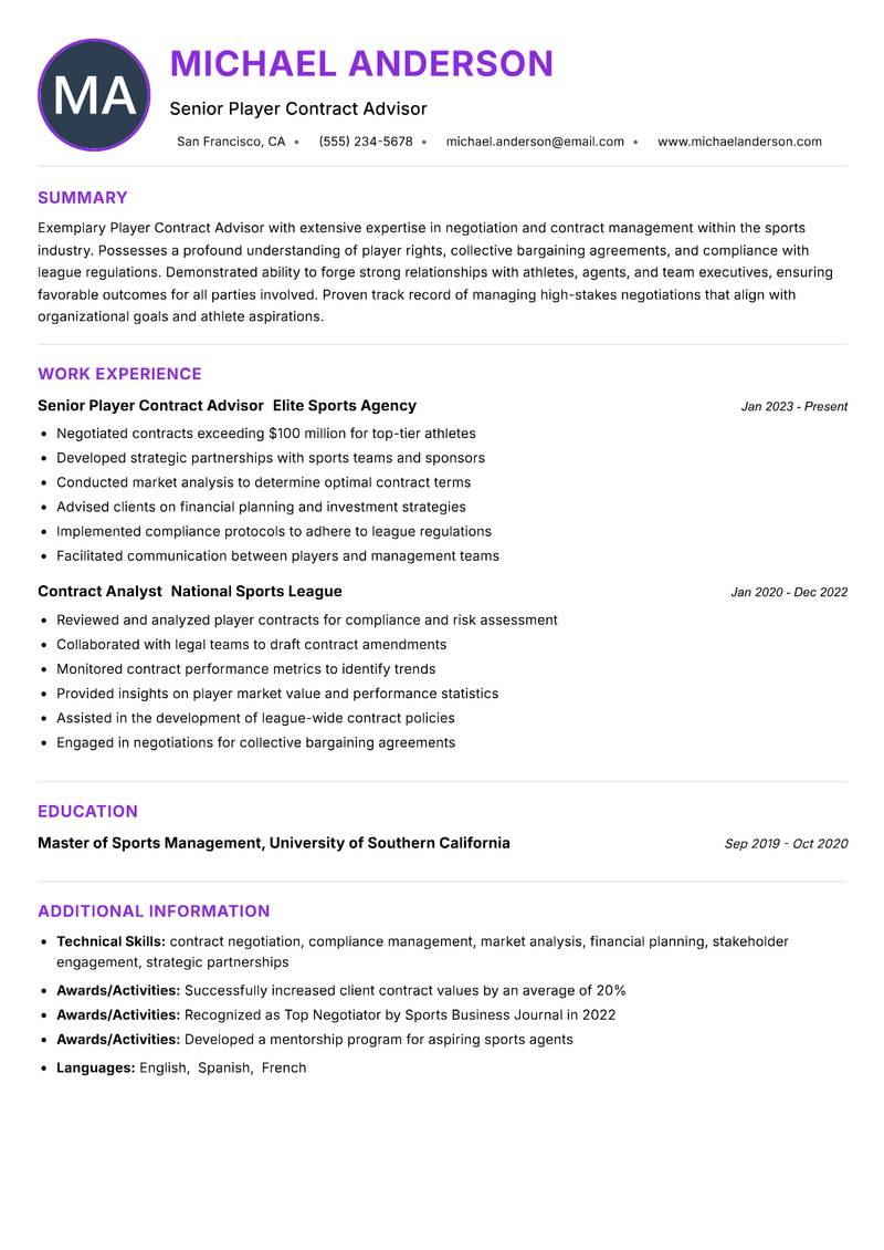 Player Contract Advisor resume example