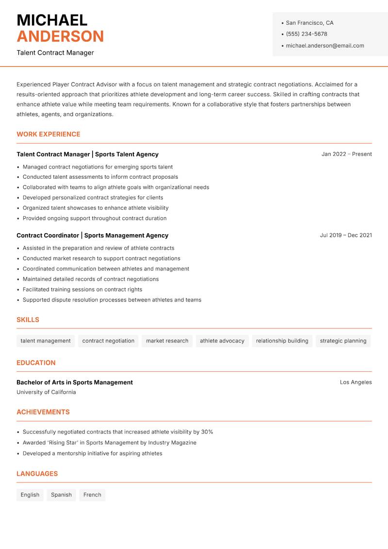 Player Contract Advisor resume sample — Talent Contract Manager focus