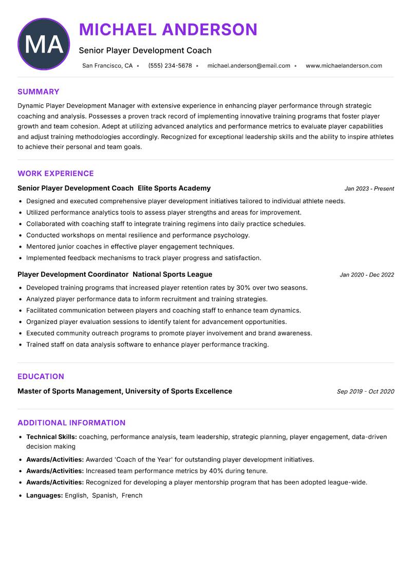 Player Development Manager resume example