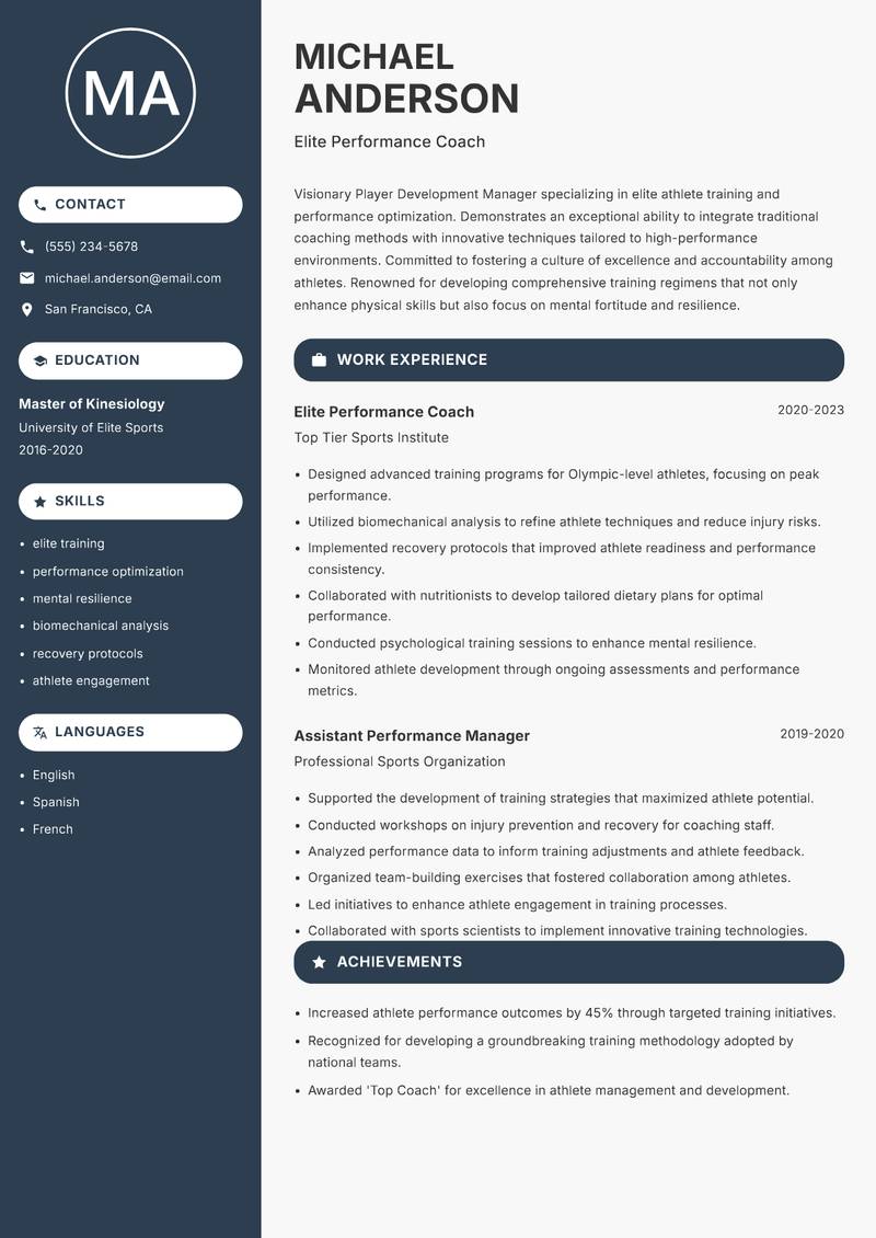 Player Development Manager resume sample — Elite Performance Coach focus
