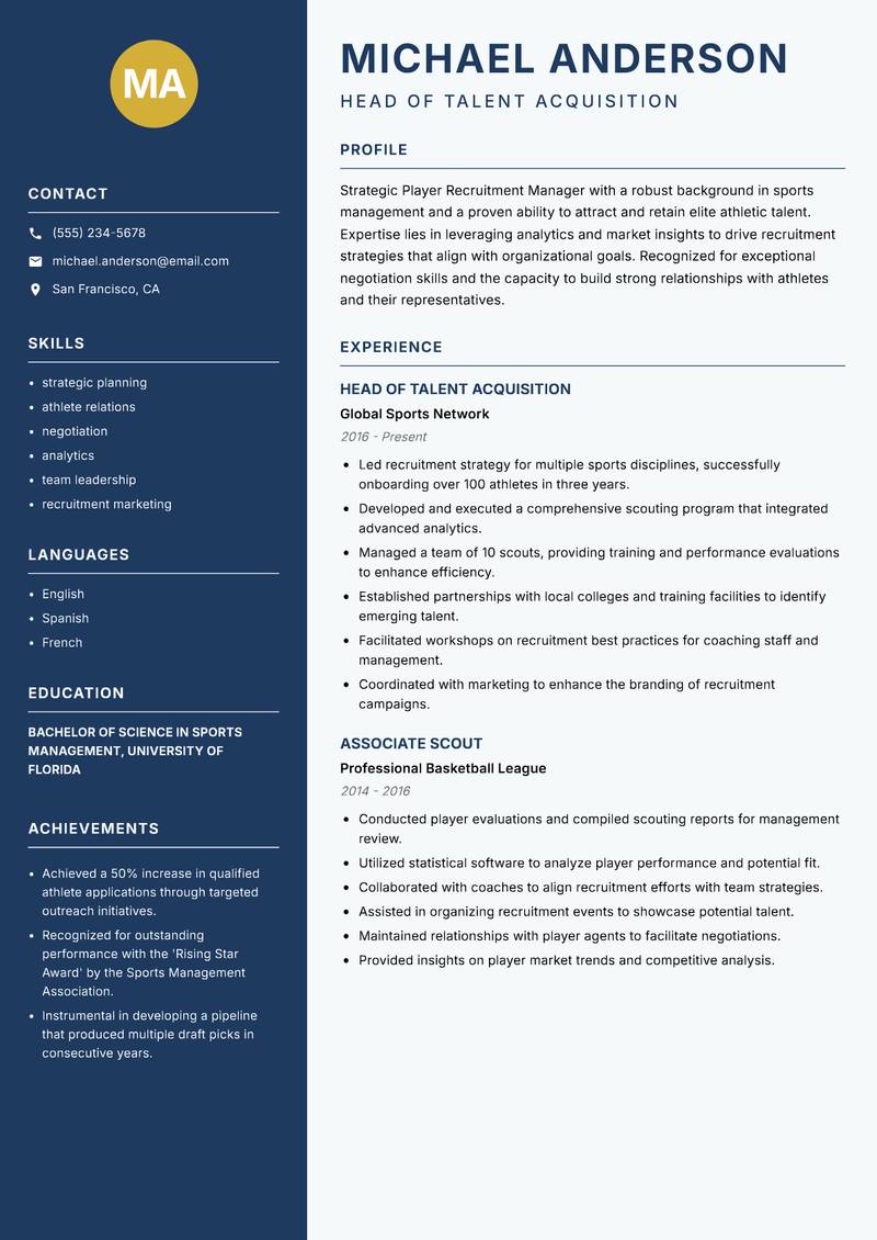 Player Recruitment Manager resume sample — Head of Talent Acquisition focus