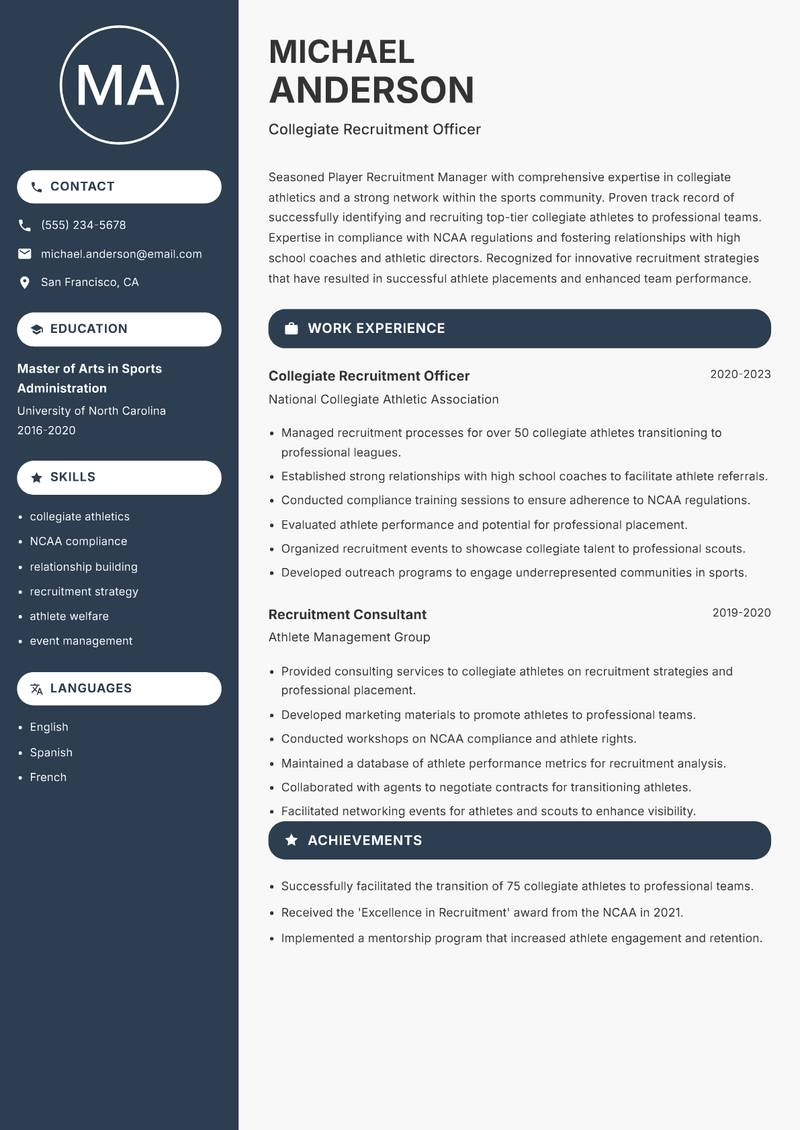 Player Recruitment Manager resume sample — Collegiate Recruitment Officer focus
