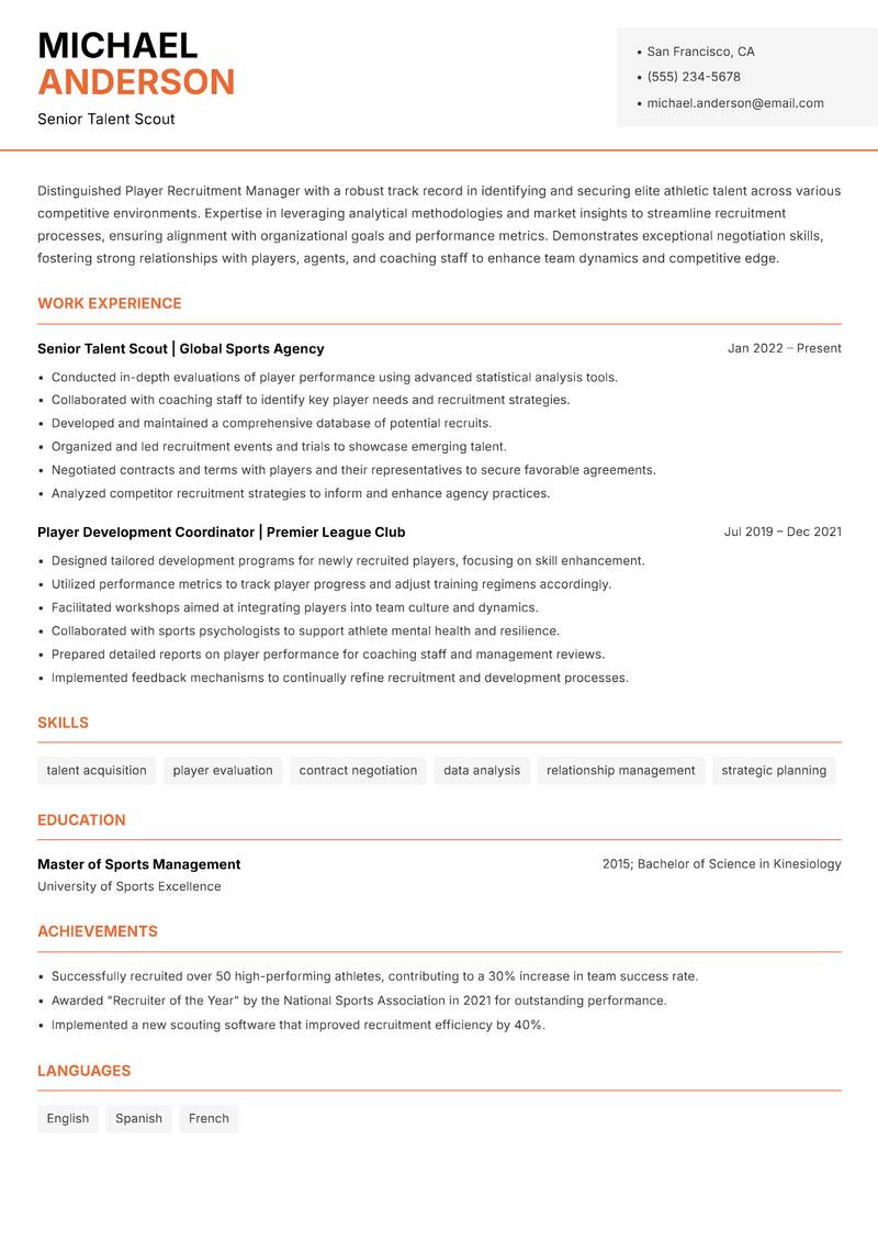 Player Recruitment Manager resume sample — Senior Talent Scout focus