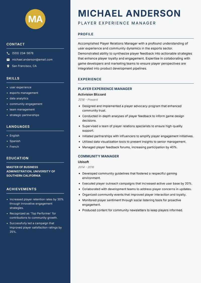 Player Relations Manager resume sample — Player Experience Manager focus