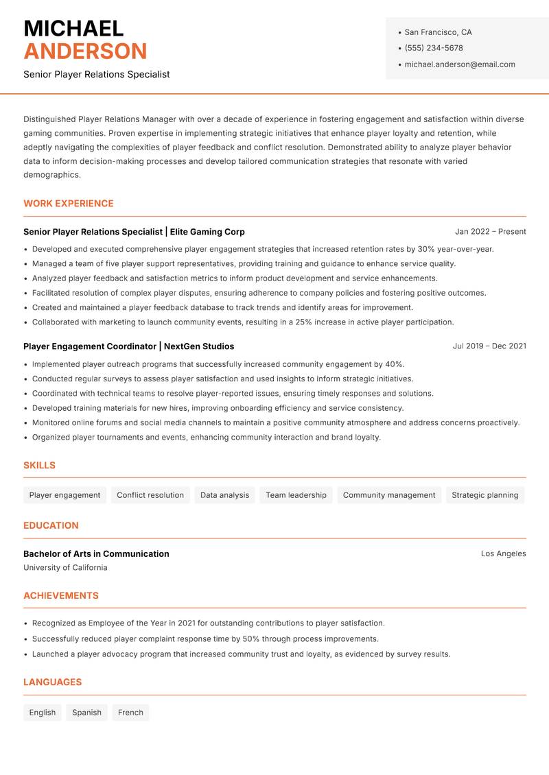 Player Relations Manager resume sample — Senior Player Relations Specialist focus