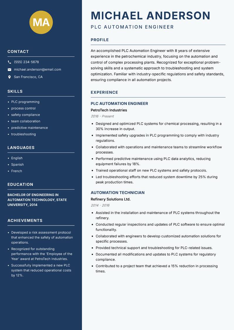 PLC Automation Engineer resume sample — PLC Automation Engineer focus