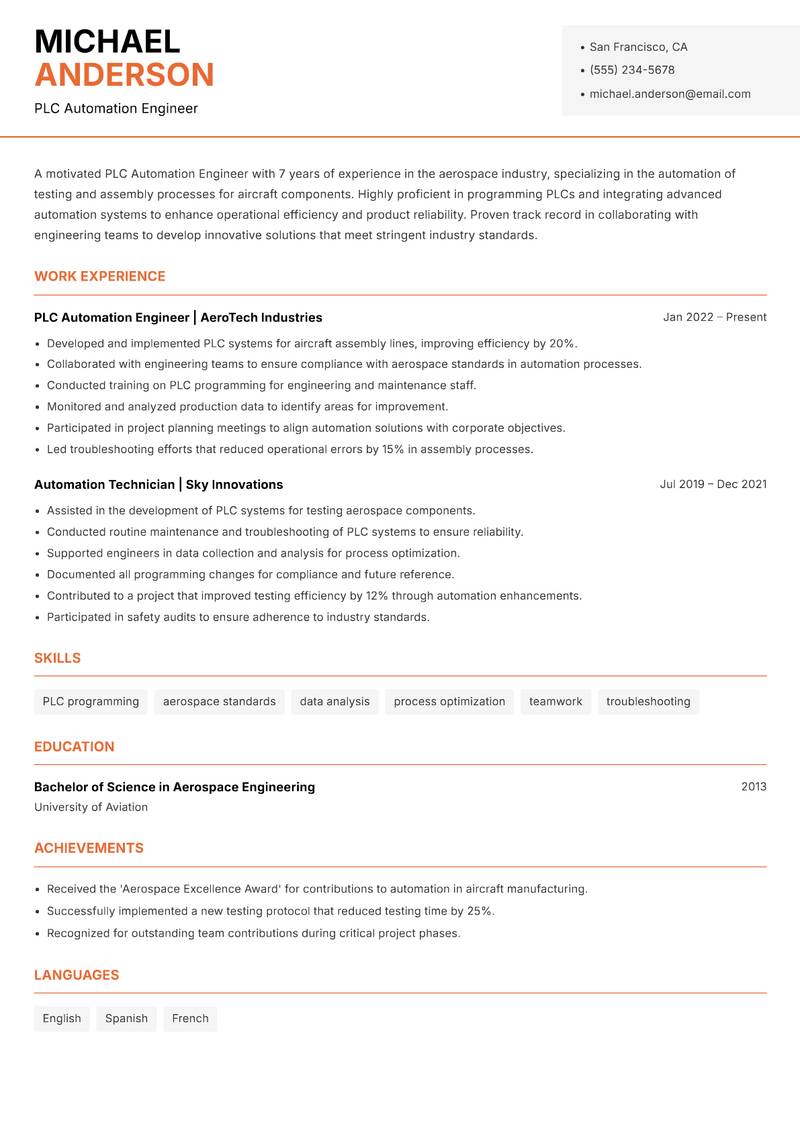 PLC Automation Engineer resume sample — PLC Automation Engineer focus