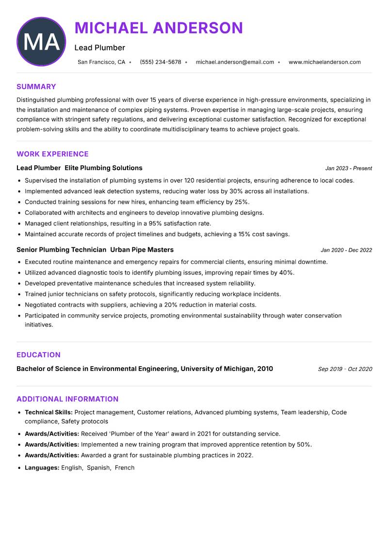 Plumber resume example