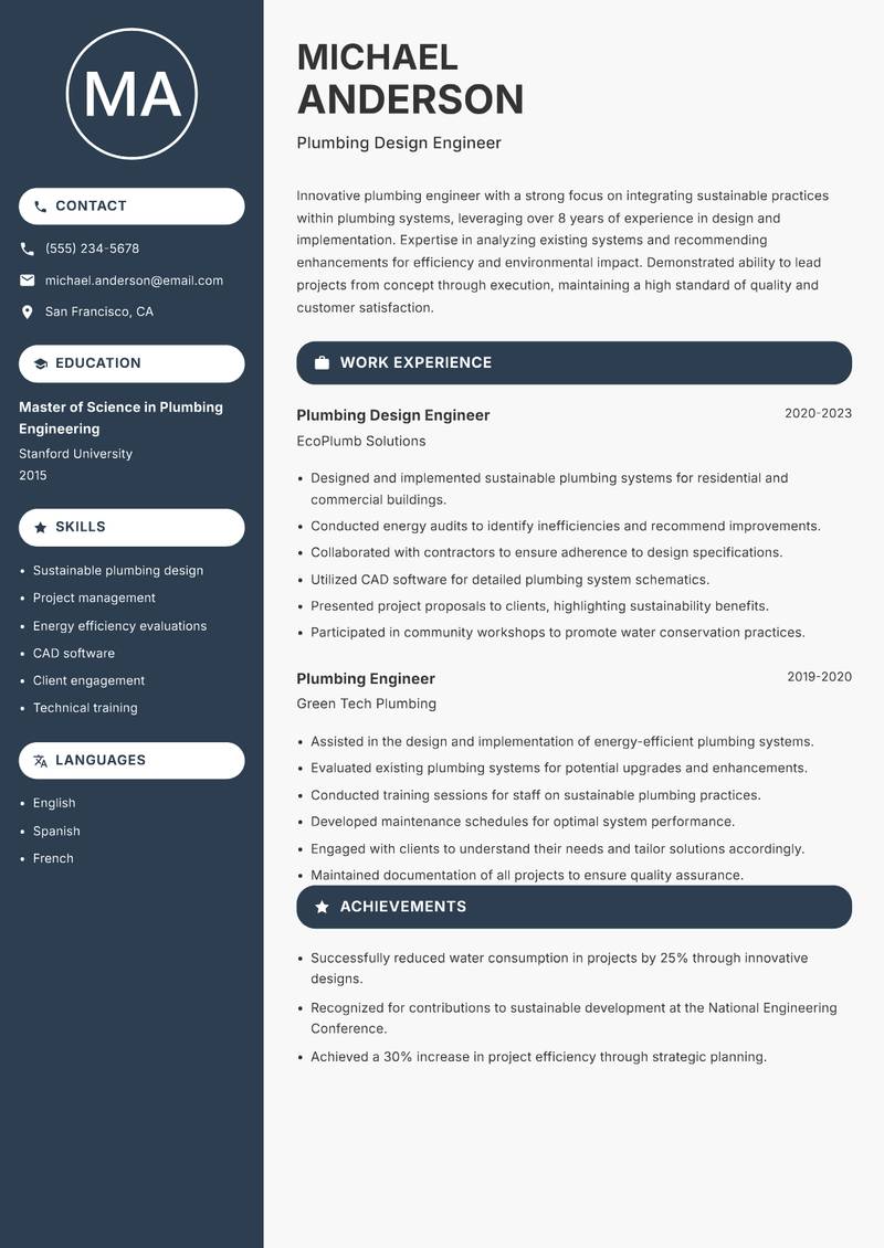 Plumber resume sample — Plumbing Design Engineer focus