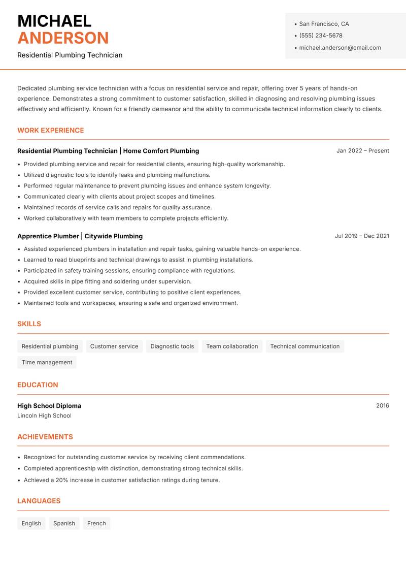 Plumber resume sample — Residential Plumbing Technician focus