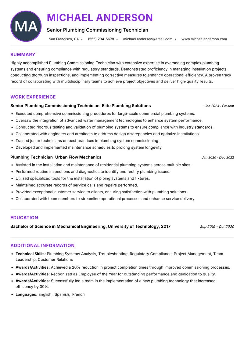 Plumbing Commissioning Technician resume example