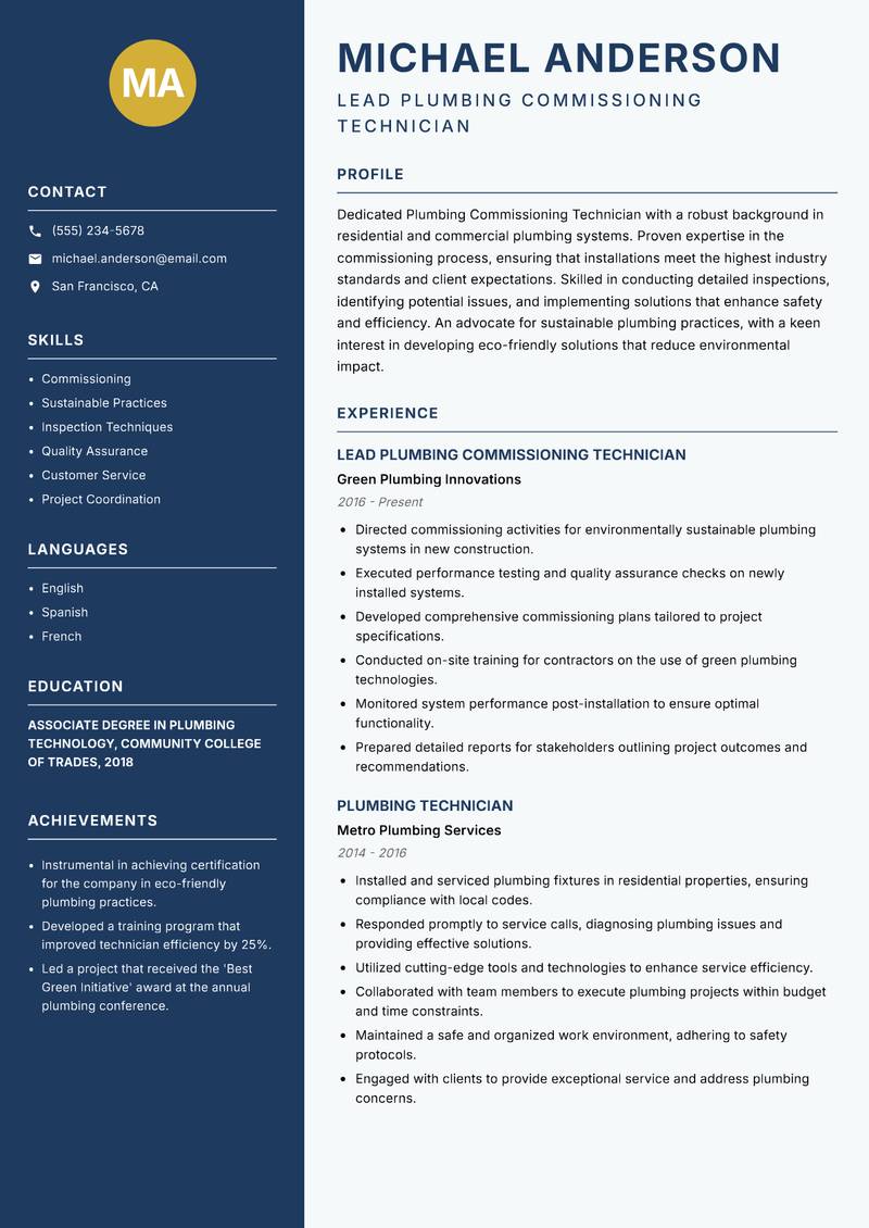 Plumbing Commissioning Technician resume sample — Lead Plumbing Commissioning Technician focus
