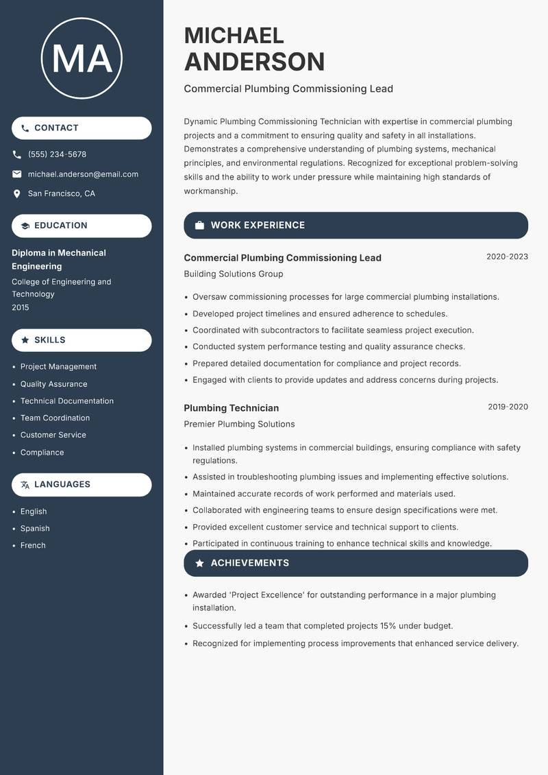 Plumbing Commissioning Technician resume sample — Commercial Plumbing Commissioning Lead focus
