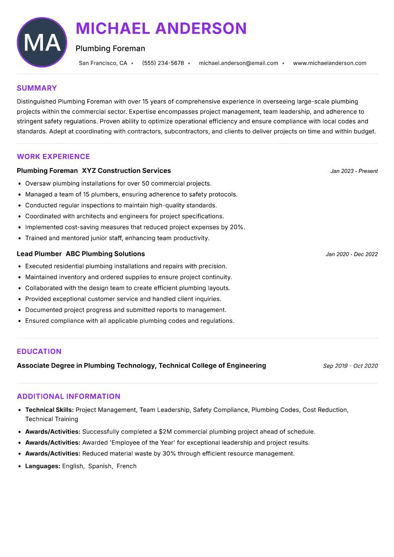 Plumbing Foreman resume example