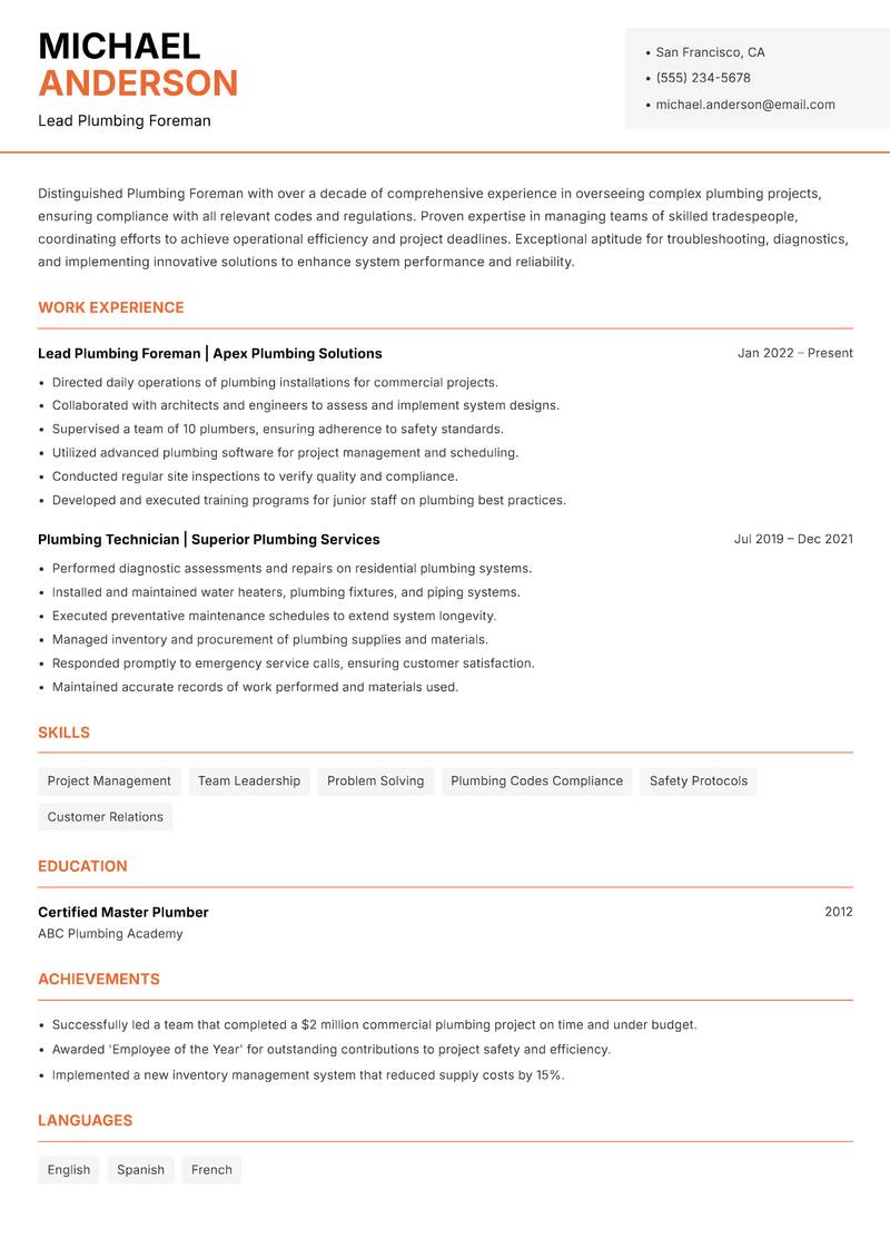 Plumbing Foreman resume sample — Lead Plumbing Foreman focus