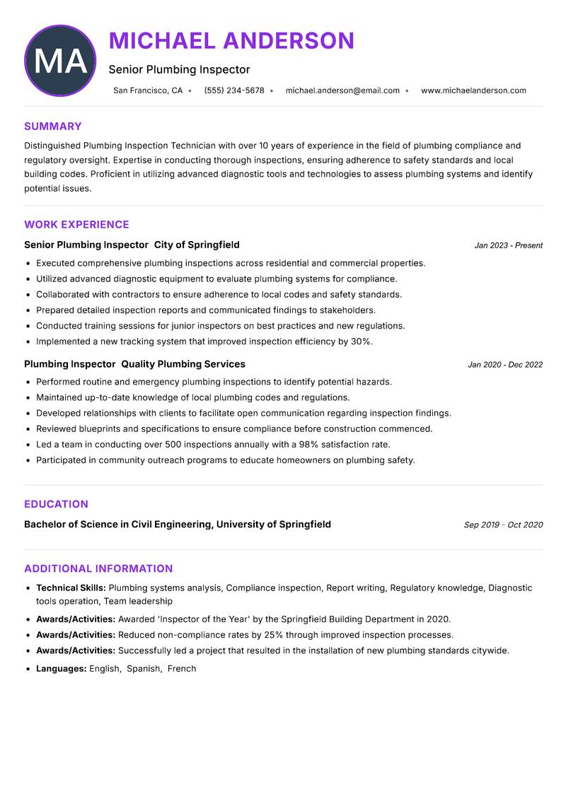 Plumbing Inspection Technician resume example