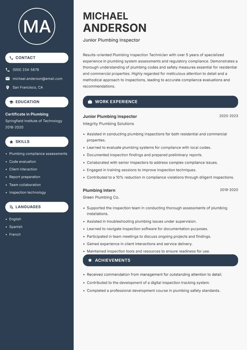 Plumbing Inspection Technician resume sample — Junior Plumbing Inspector focus