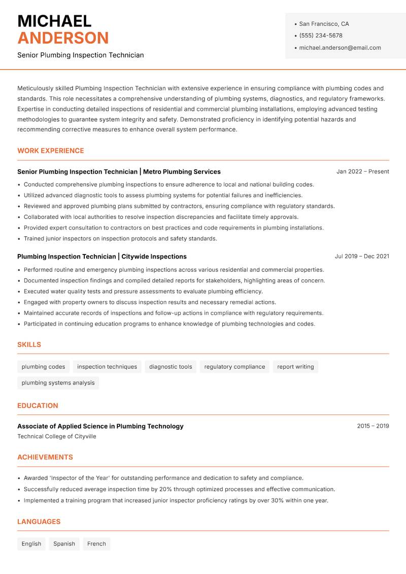 Plumbing Inspection Technician resume sample — Senior Plumbing Inspection Technician focus