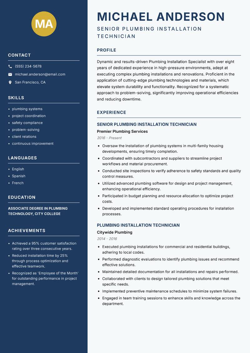 Plumbing Installation Technician resume sample — Senior Plumbing Installation Technician focus