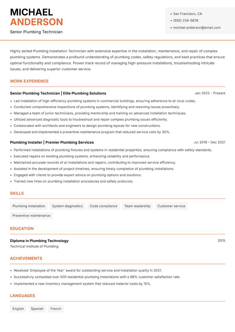 Plumbing Installation Technician resume sample — Senior Plumbing Technician focus