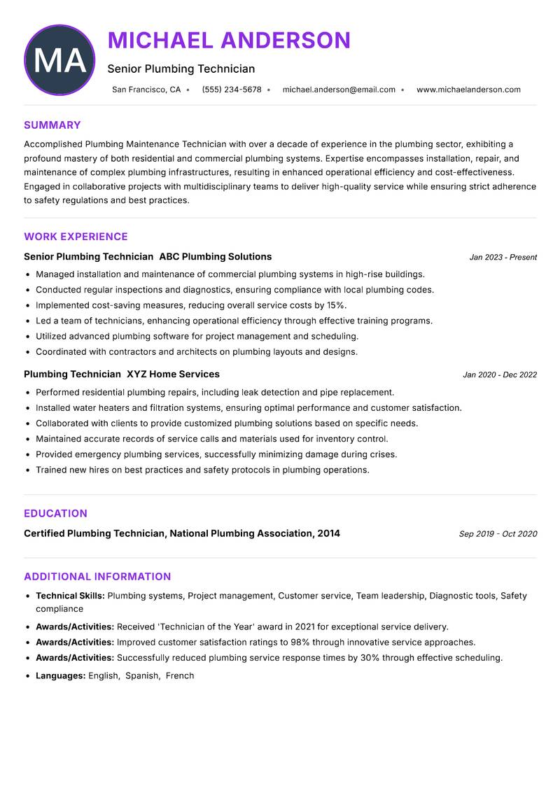 Plumbing Maintenance Technician resume example