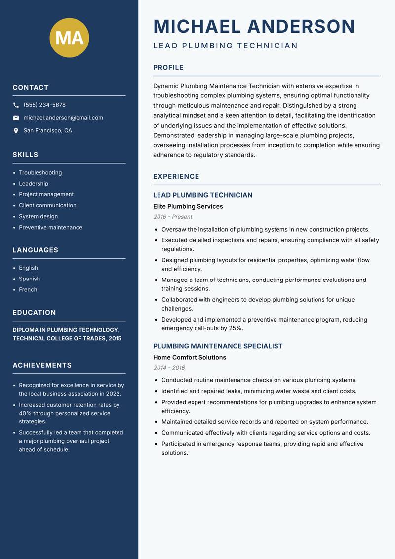 Plumbing Maintenance Technician resume sample — Lead Plumbing Technician focus
