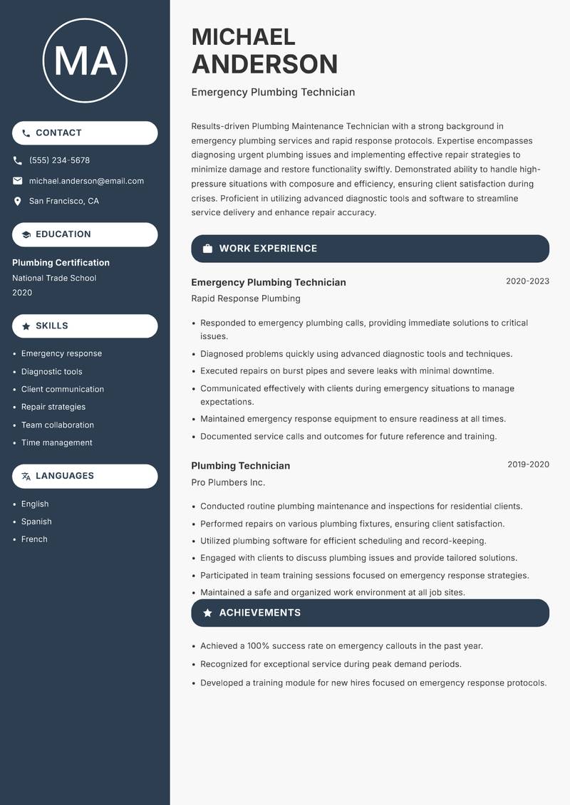 Plumbing Maintenance Technician resume sample — Emergency Plumbing Technician focus