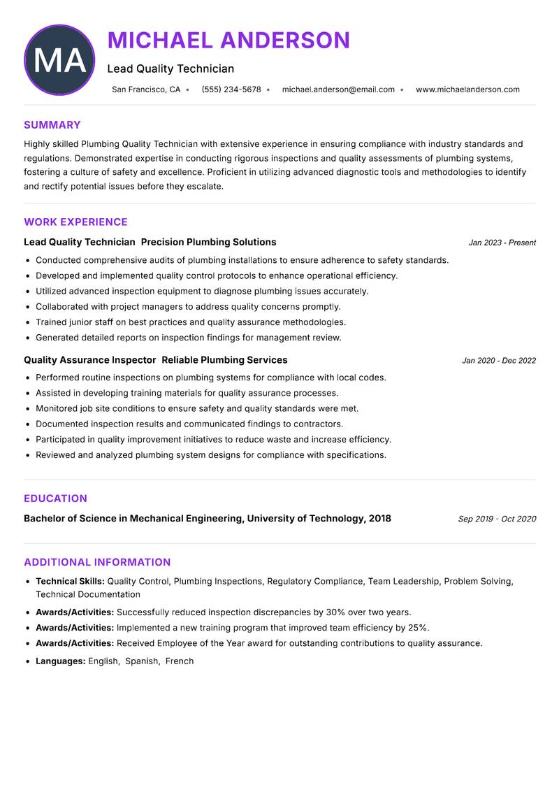 Plumbing Quality Technician resume example
