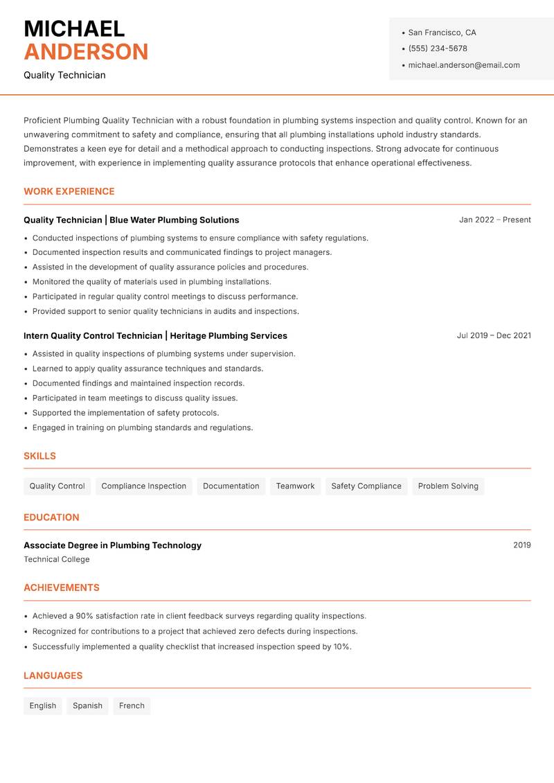 Plumbing Quality Technician resume sample — Quality Technician focus
