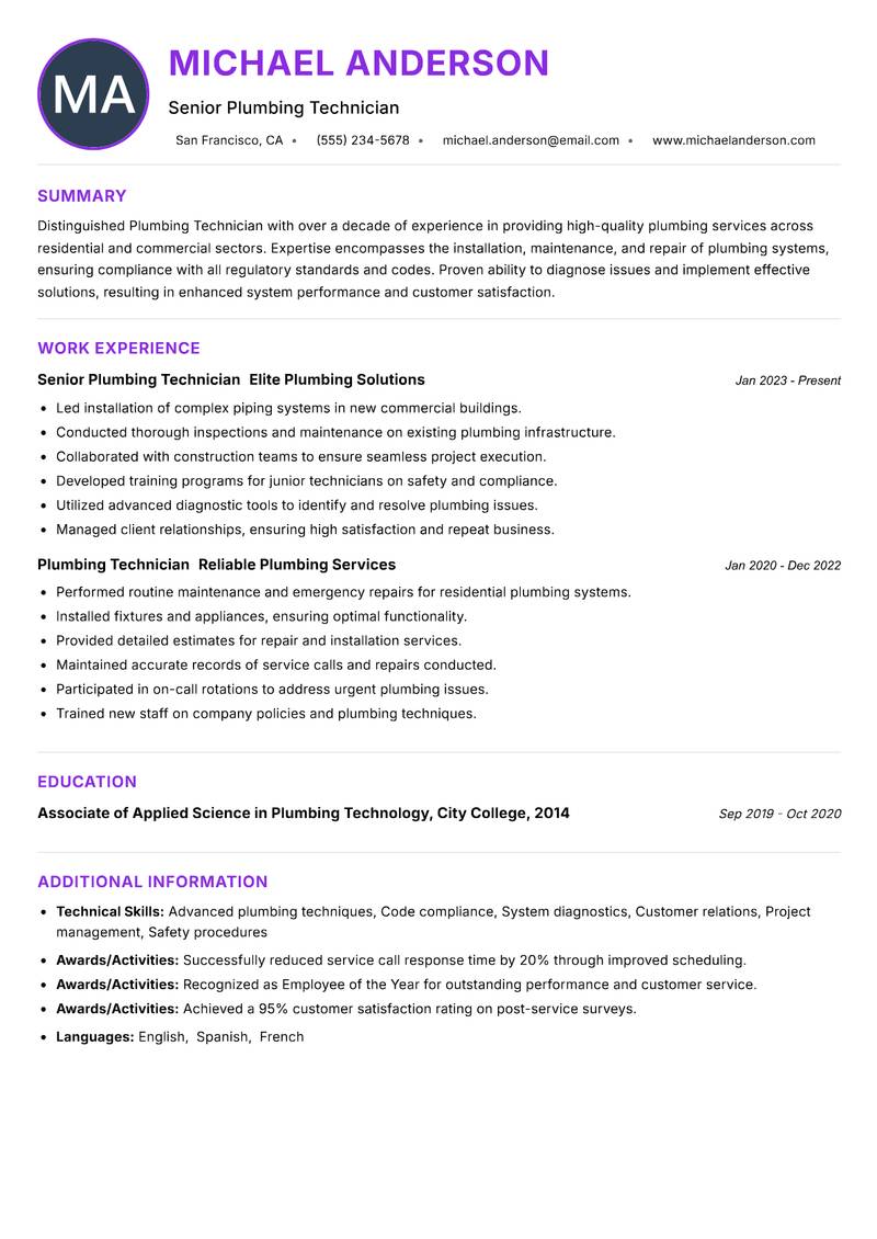 Plumbing Technician resume example