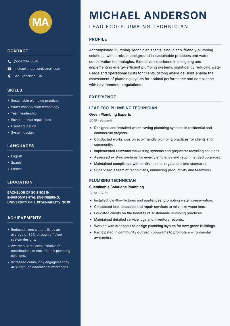 Plumbing Technician resume sample — Lead Eco-Plumbing Technician focus