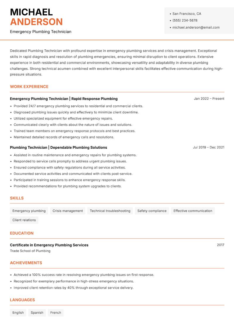 Plumbing Technician resume sample — Emergency Plumbing Technician focus