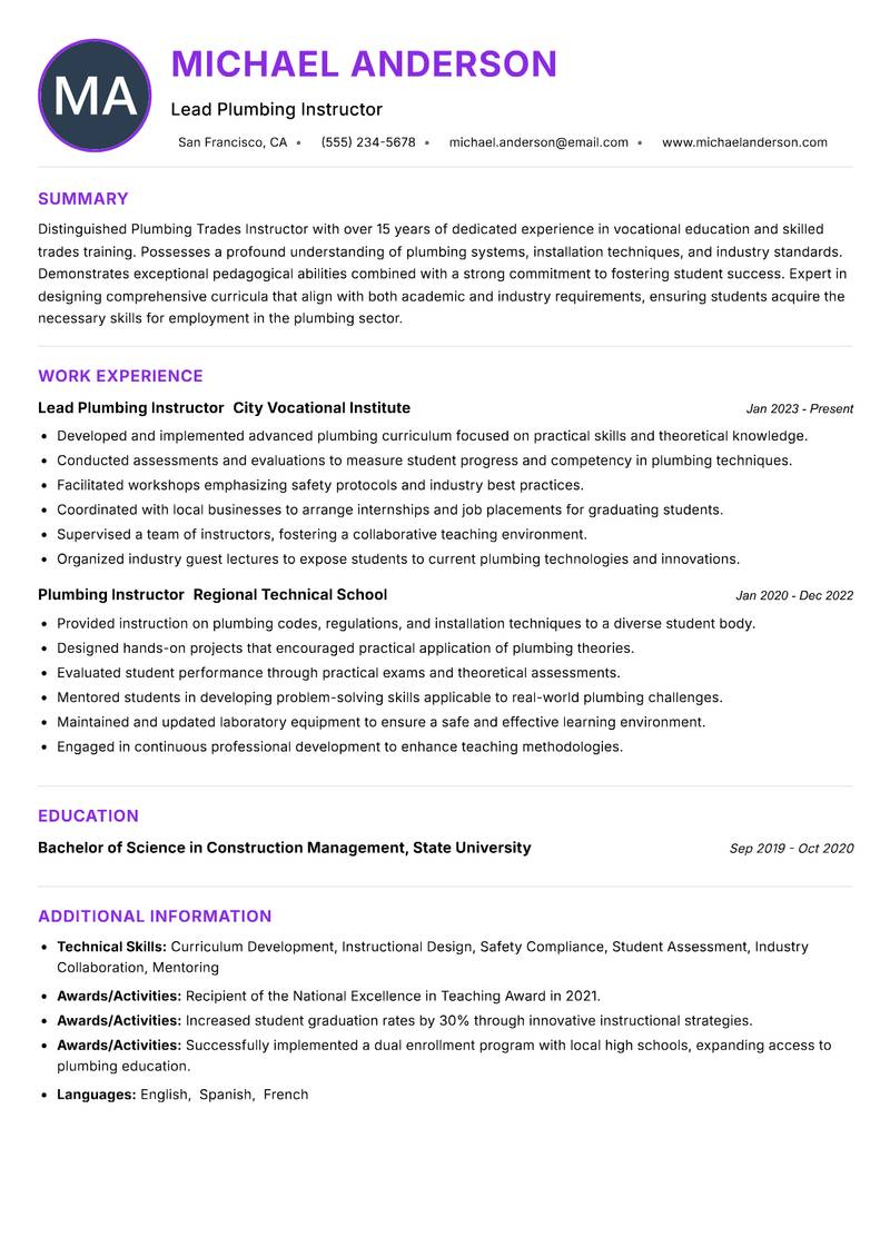 Plumbing Trades Instructor resume example
