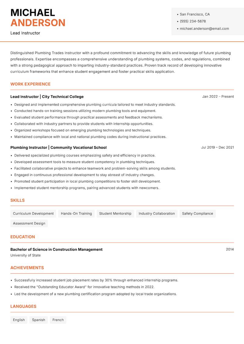 Plumbing Trades Instructor resume sample — Lead Instructor focus