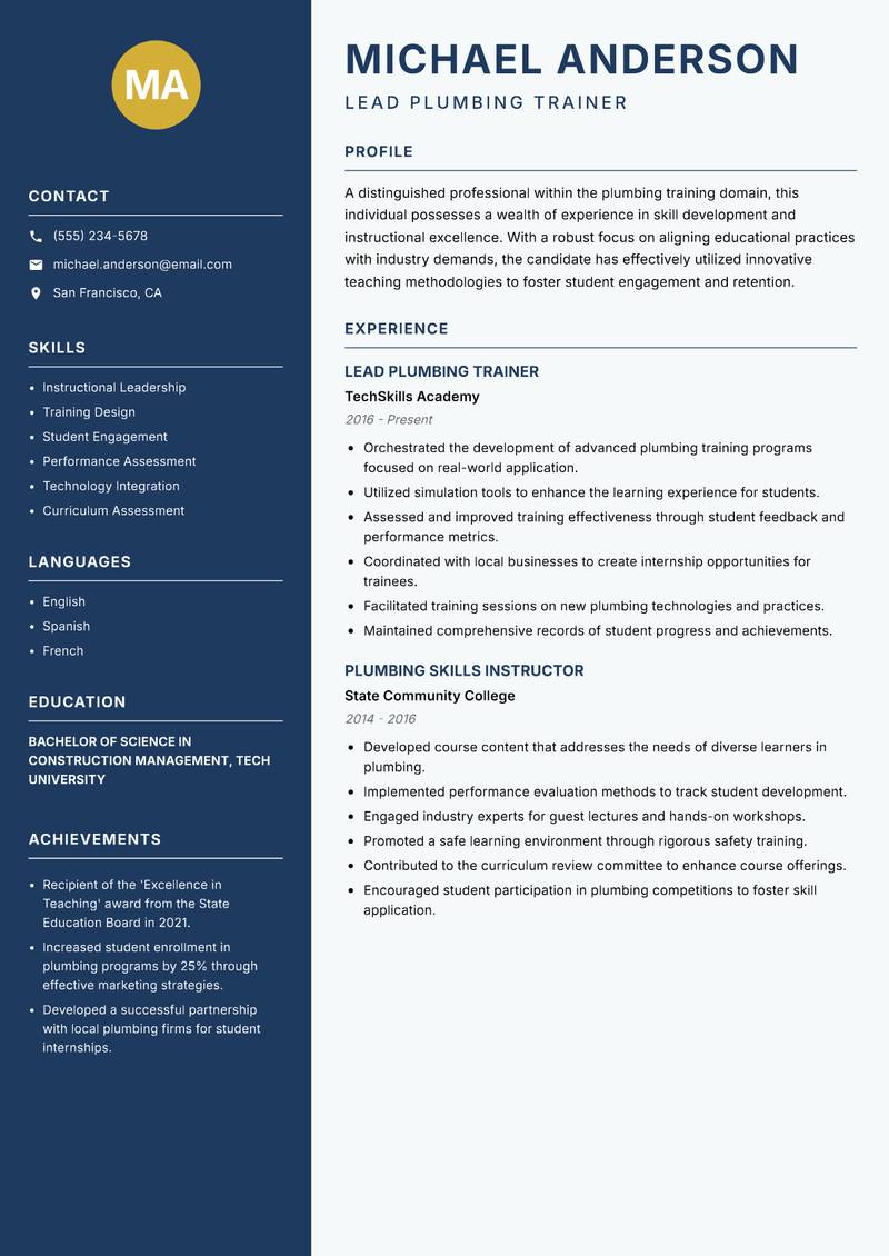 Plumbing Trades Trainer resume sample — Lead Plumbing Trainer focus