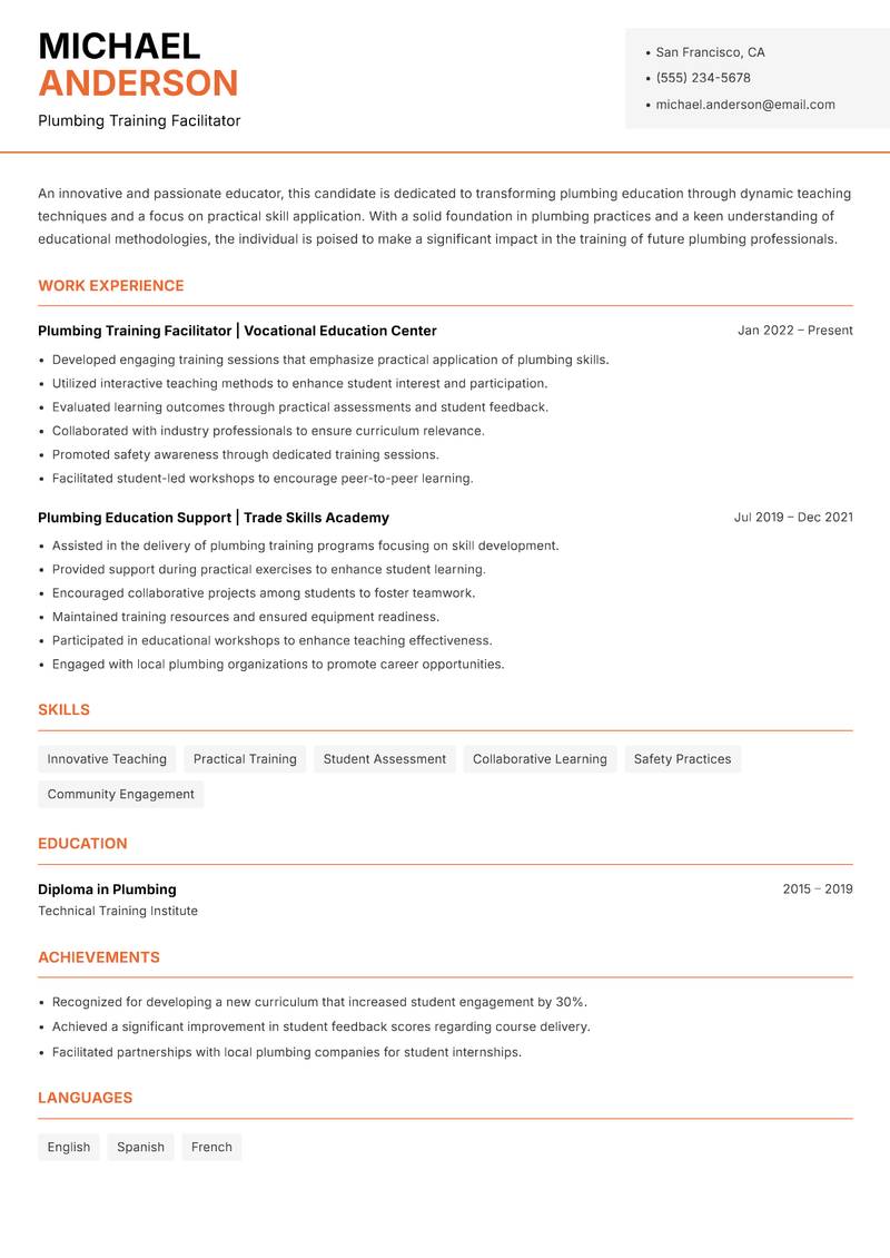 Plumbing Trades Trainer resume sample — Plumbing Training Facilitator focus
