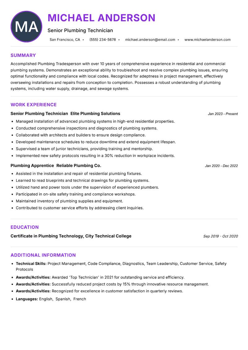Plumbing Tradesperson resume example