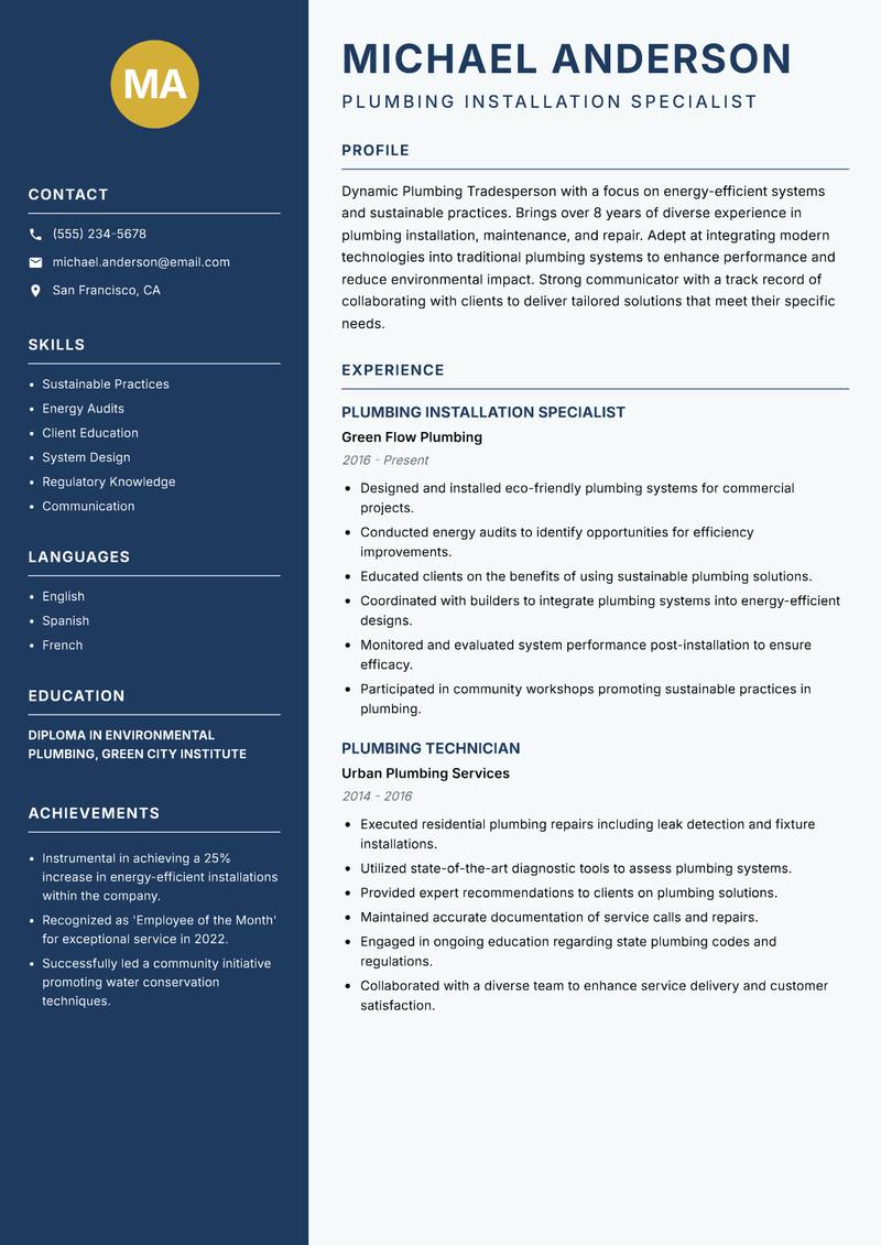 Plumbing Tradesperson resume sample — Plumbing Installation Specialist focus