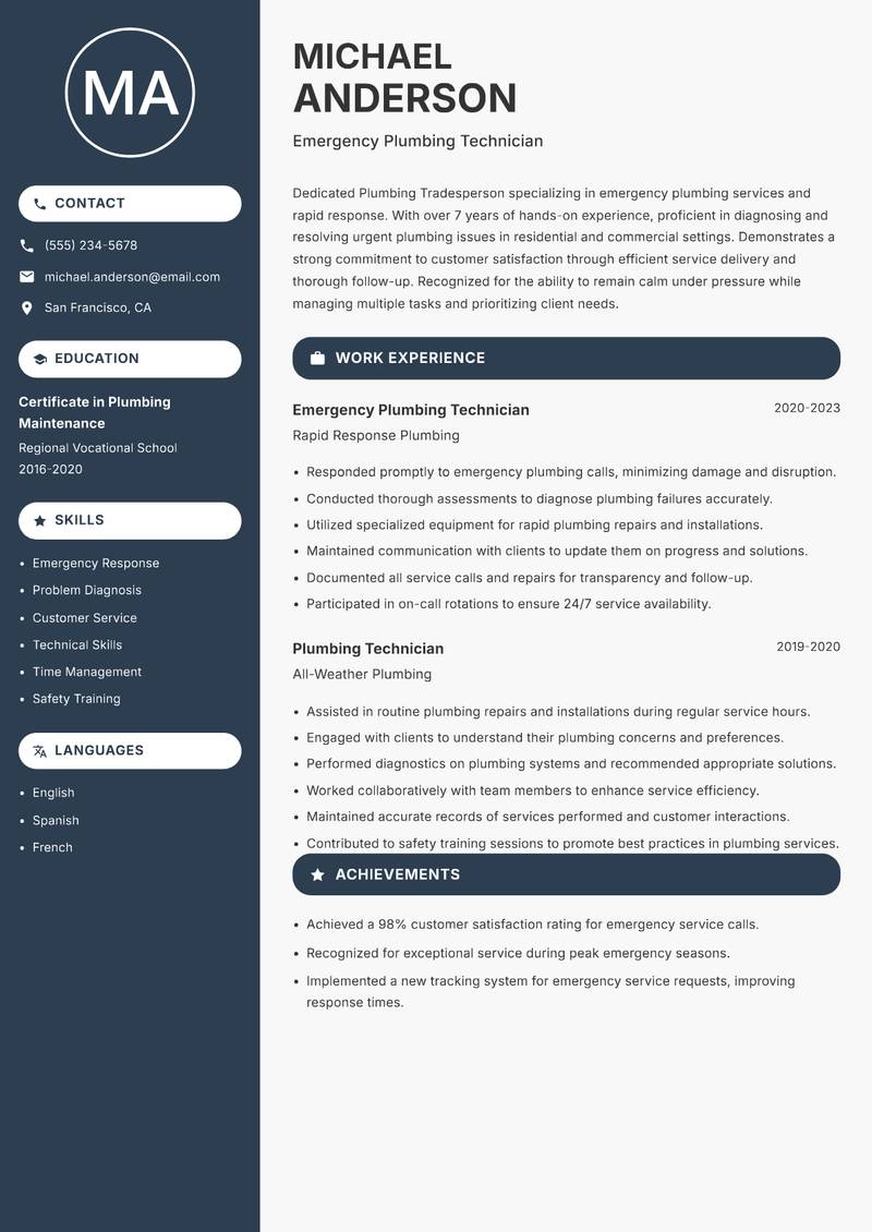 Plumbing Tradesperson resume sample — Emergency Plumbing Technician focus