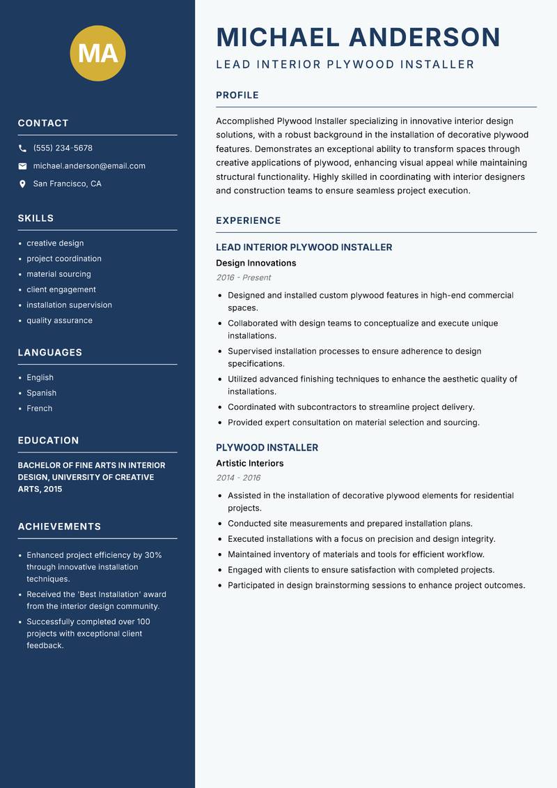 Plywood Installer resume sample — Lead Interior Plywood Installer focus