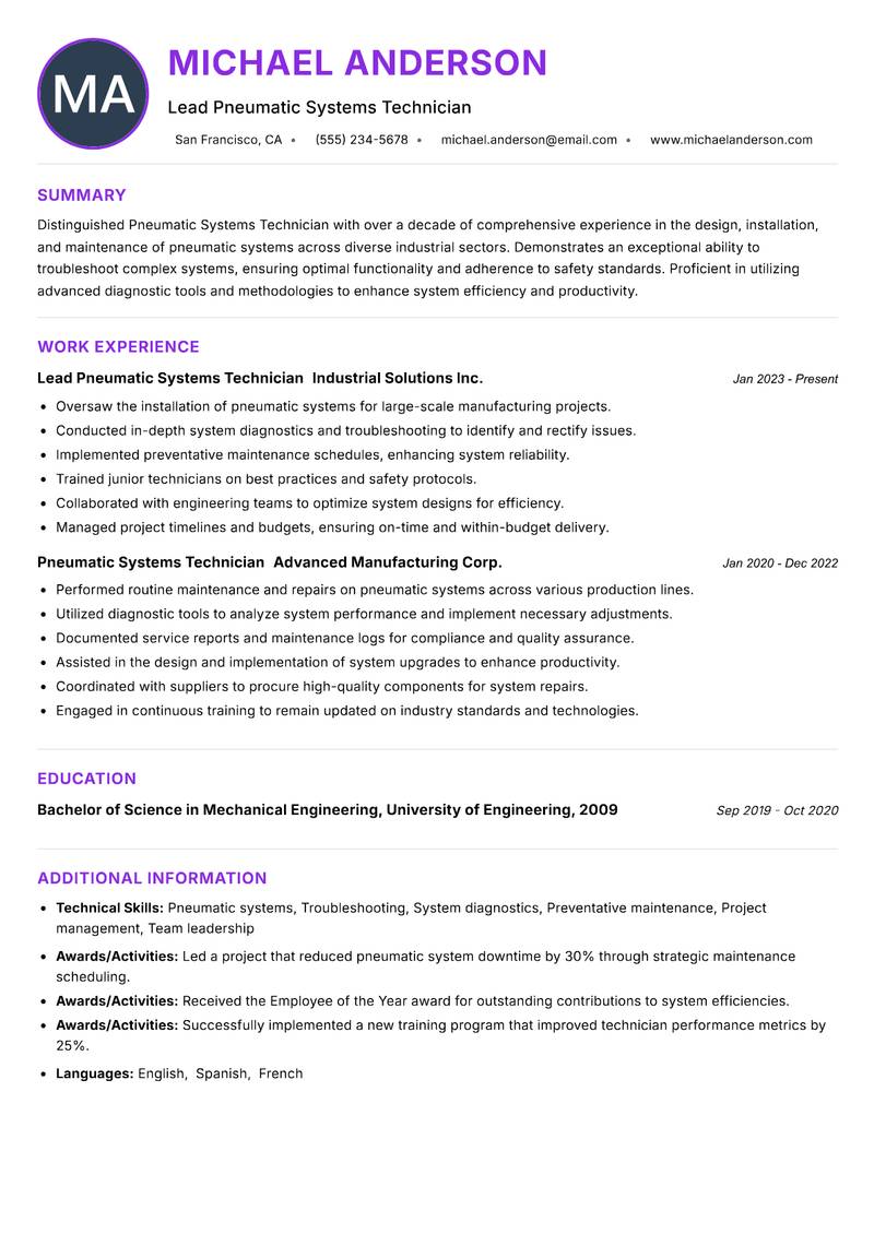 Pneumatic Systems Technician resume example