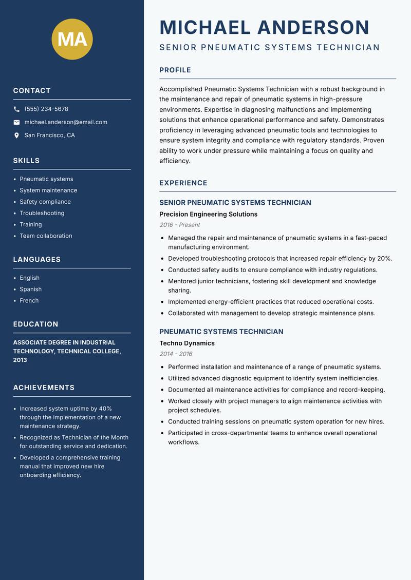Pneumatic Systems Technician resume sample — Senior Pneumatic Systems Technician focus