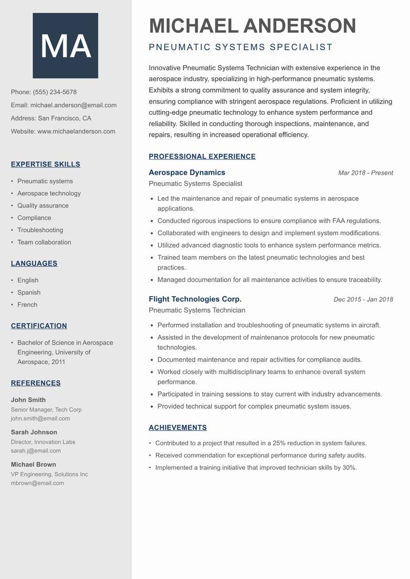 Pneumatic Systems Technician resume sample — Pneumatic Systems Specialist focus
