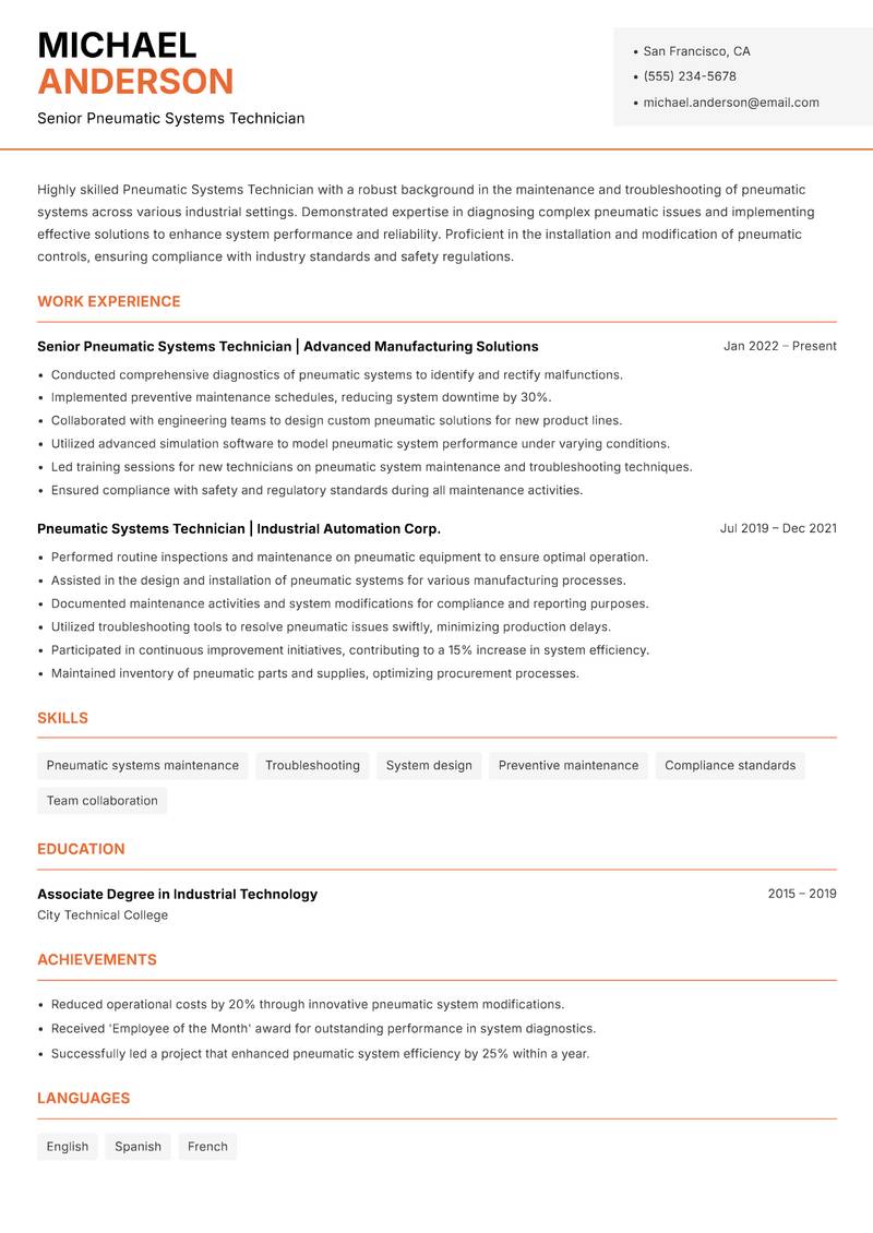 Pneumatic Systems Technician resume sample — Senior Pneumatic Systems Technician focus