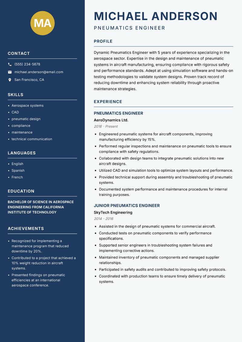 Pneumatics Engineer resume sample — Pneumatics Engineer focus