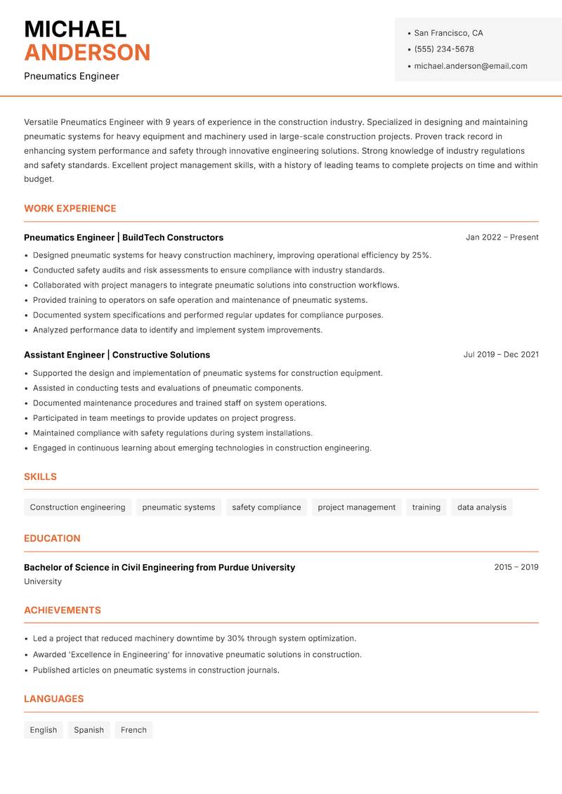 Pneumatics Engineer resume sample — Pneumatics Engineer focus