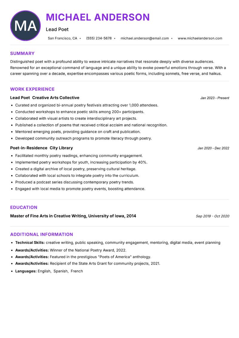 Poet resume example