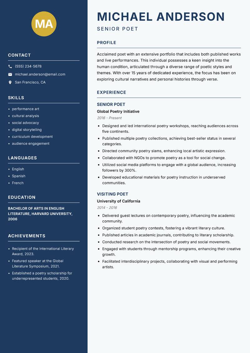 Poet resume sample — Senior Poet focus