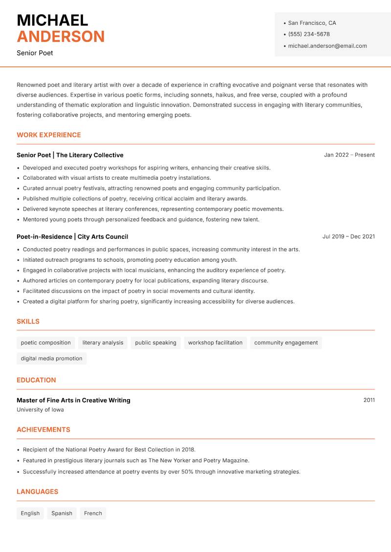 Poet resume sample — Senior Poet focus
